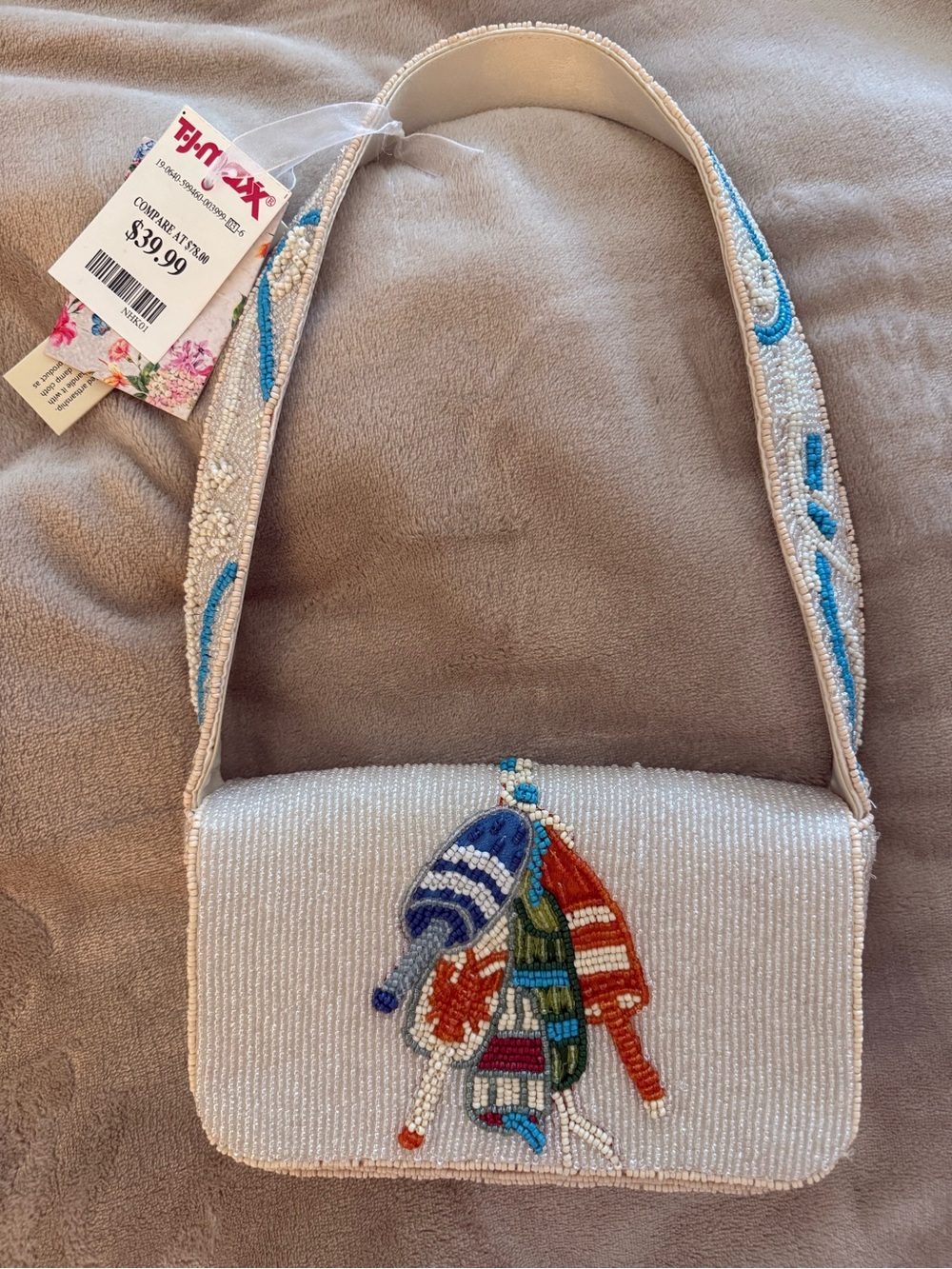 Tj Maxx Kids Beaded White Shoulder Bag with Colorful Bouy